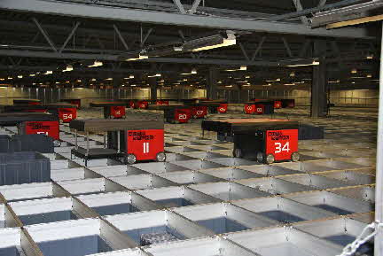 All robots work on the top of the grid. Picture courtesy of Swisslog.